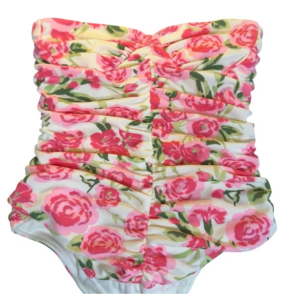 Zara Ruched Floral Strapless Bodysuit Pink Rose Print Cottagecore Y2K Coquette - Picture 1 of 16